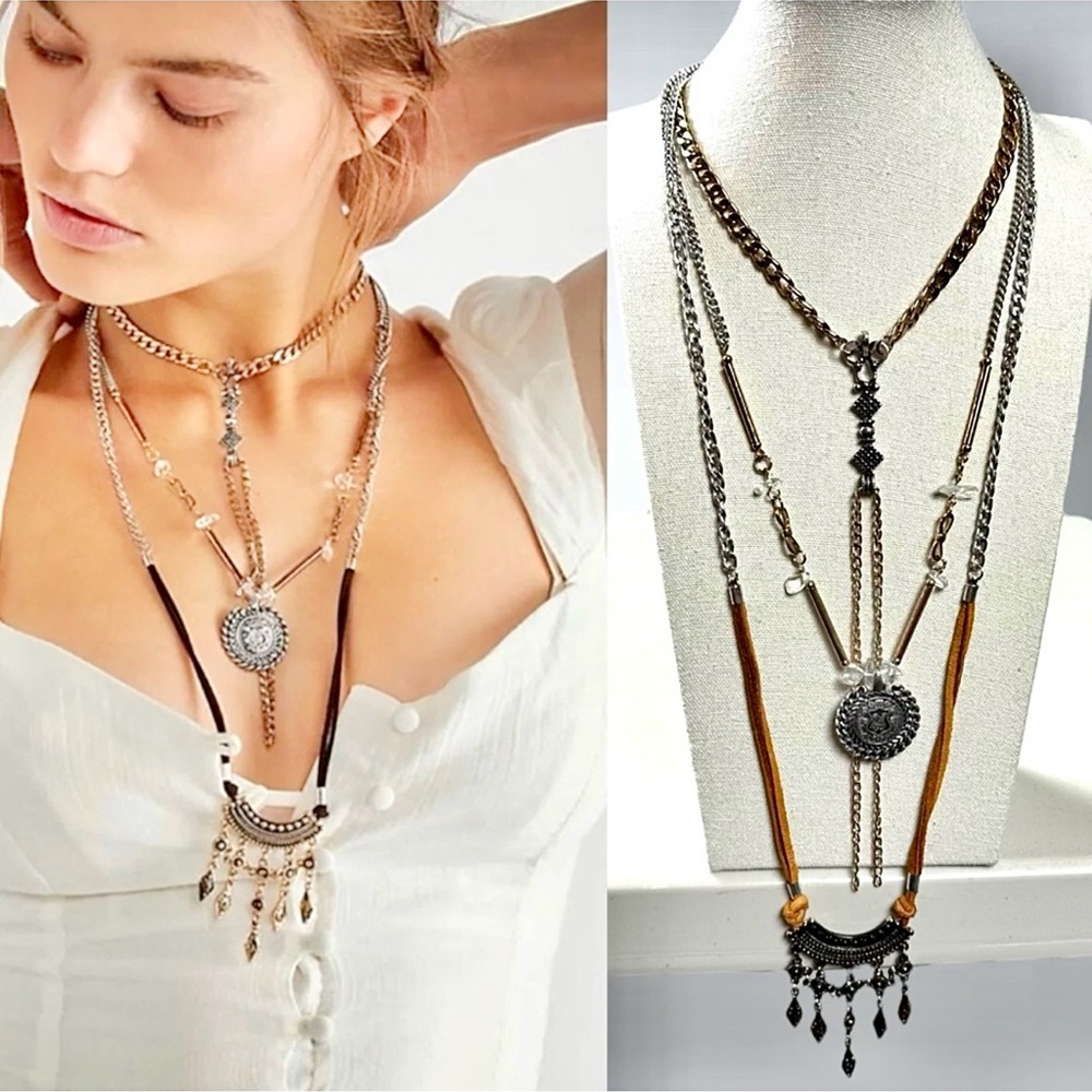Free people necklace  set NWT Multi-Layered Silver and Gold Necklace